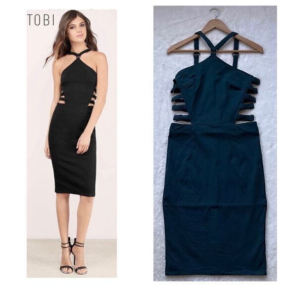 Tobi Caged Side Cutout Halter Bodycon Midi Dress, Size Medium - Picture 1 of 15